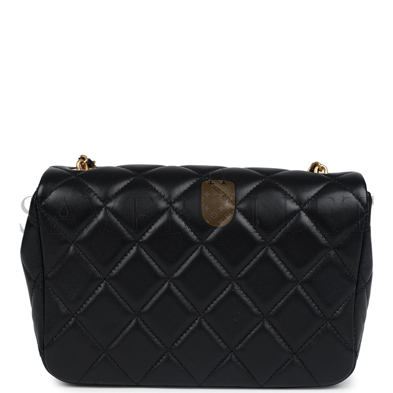 CHANEL MASTER  MINI PEARLY CHAIN FLAP BAG BLACK LAMBSKIN BRUSHED GOLD HARDWARE  (20*15*5cm)